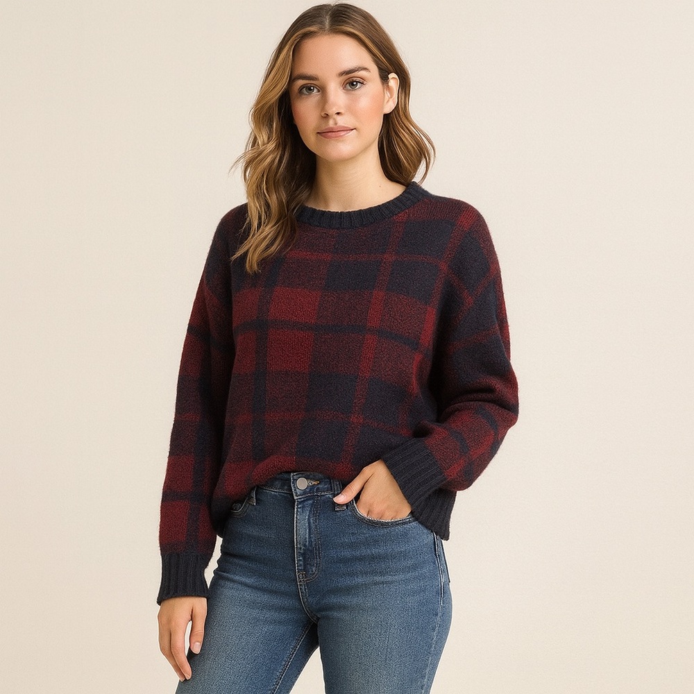Bloomingdale's Aqua Red Plaid Check Crewneck Knitted Sweater - Small